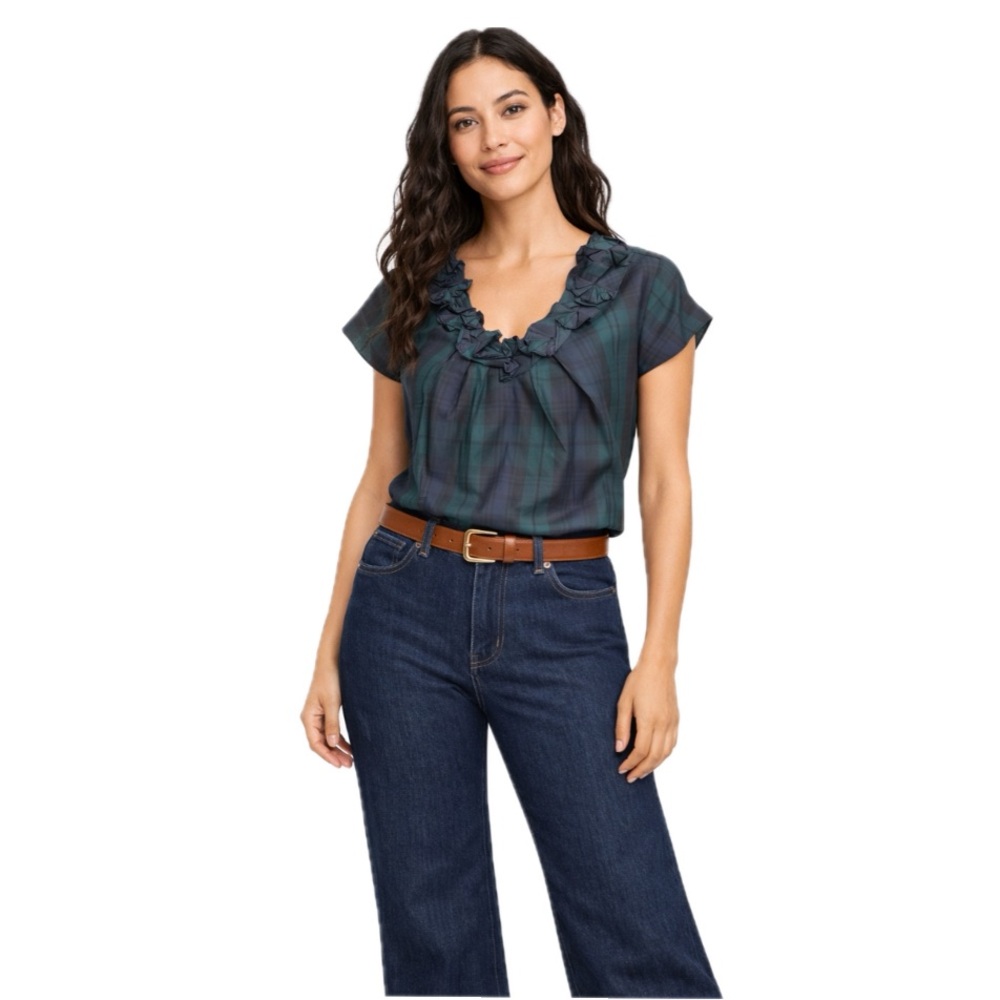 Talbots, Green Navy Plaid Ruffle Neck Blouse Classic Preppy Top, Size 8